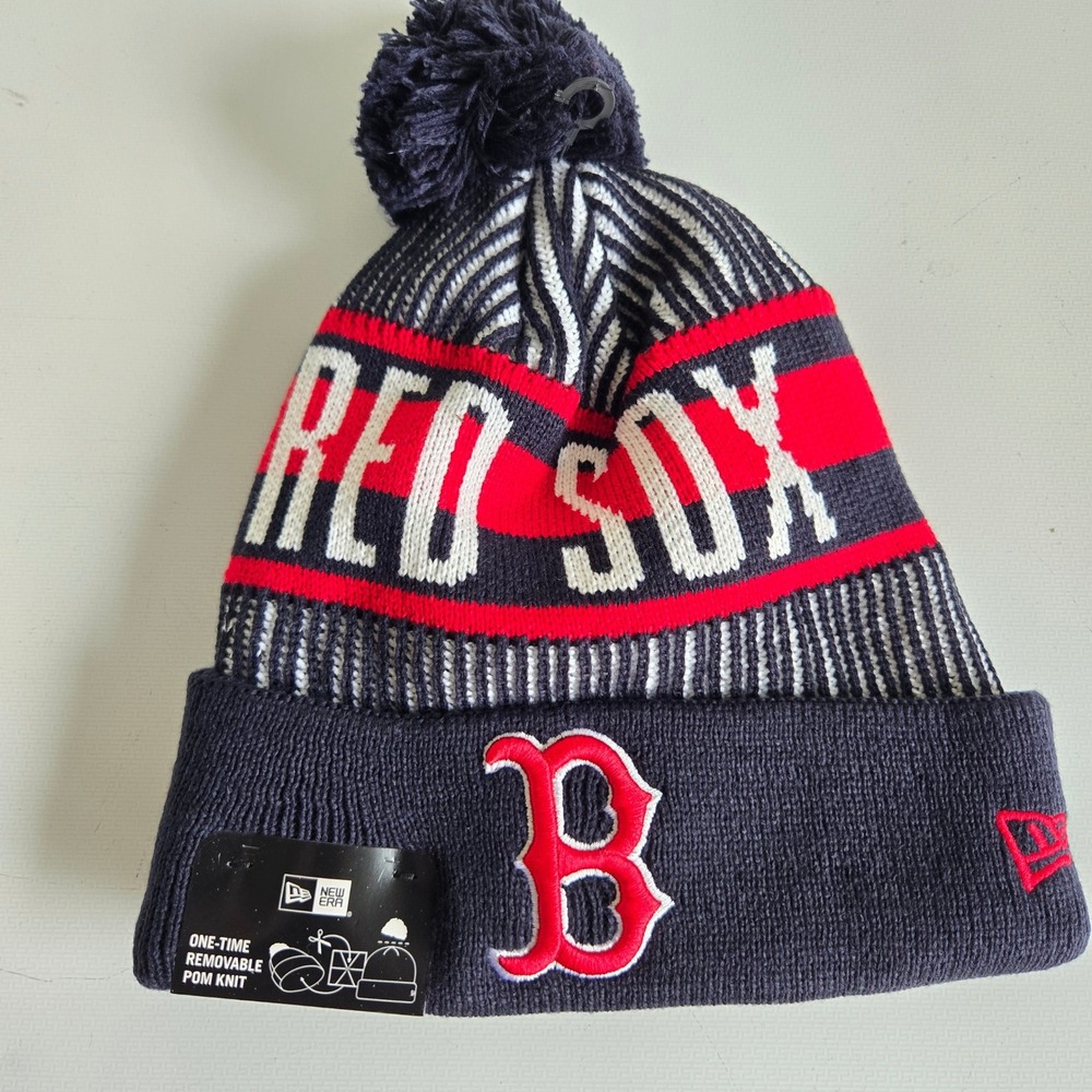 New Era Boston Red Sox MLB Cuffed Beanie Hat Navy Red Removable Pom‎ Knit New